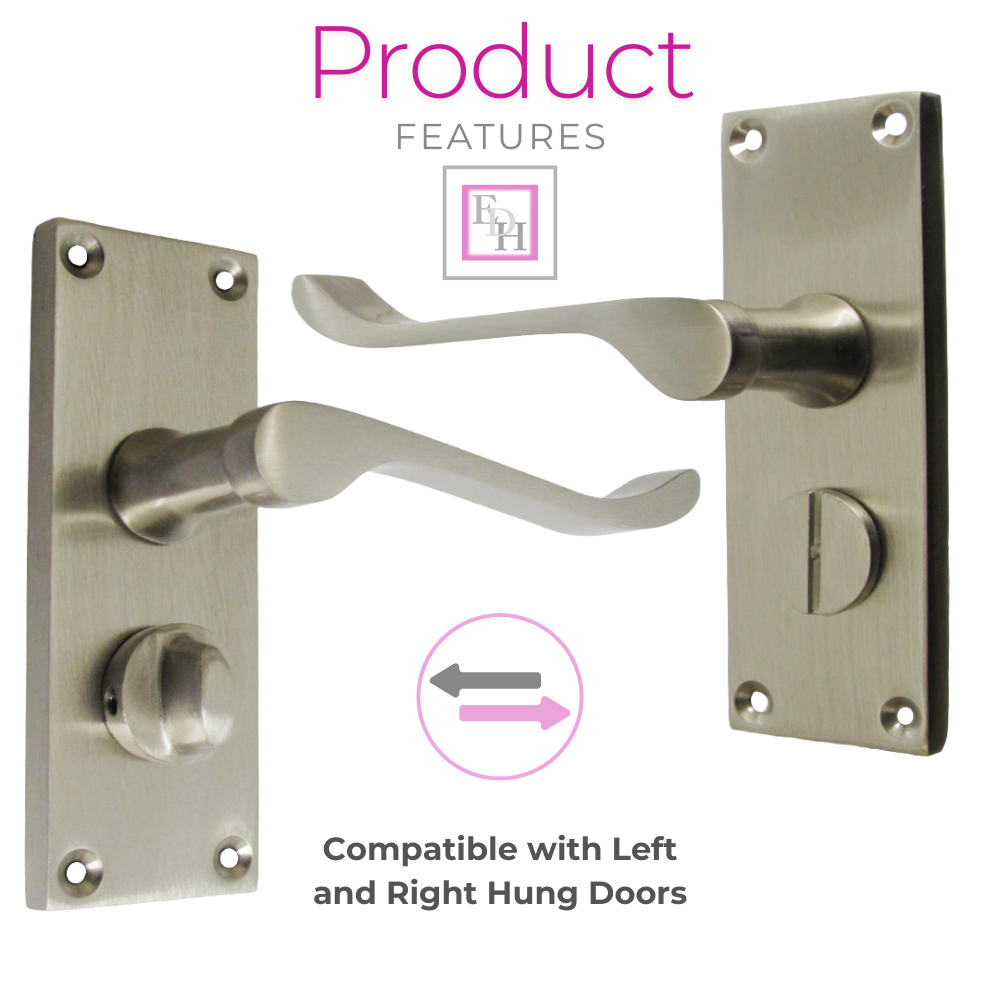 Victorian Scroll Satin Nickel Bathroom Door Handles with Privacy Lock + Latch