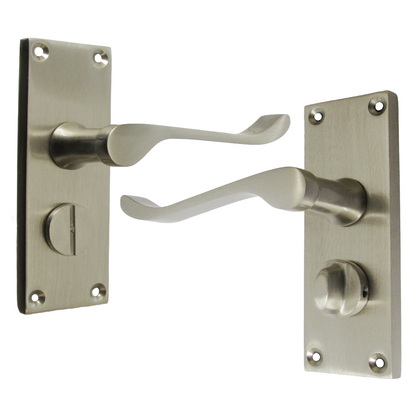 Victorian Scroll Satin Nickel Bathroom Door Handles with Privacy Lock + Latch