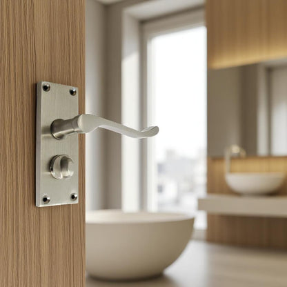 Victorian Scroll Satin Nickel Bathroom Door Handles with Privacy Lock + Latch