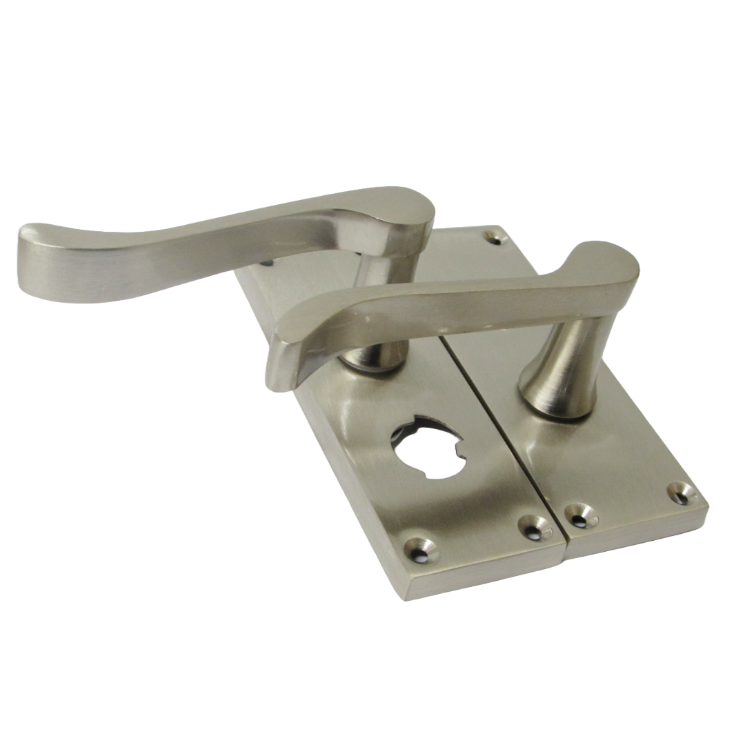 Victorian Scroll Satin Nickel Bathroom Door Handles with Privacy Lock + Latch