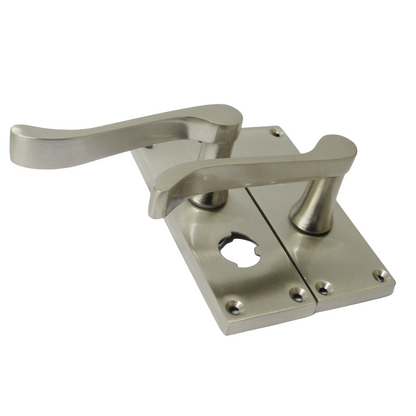 Victorian Scroll Satin Nickel Bathroom Door Handles with Privacy Lock + Latch