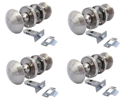 Satin Nickel Round Door Knobs- Reeded Internal Handles for Mortice Locks + Latch