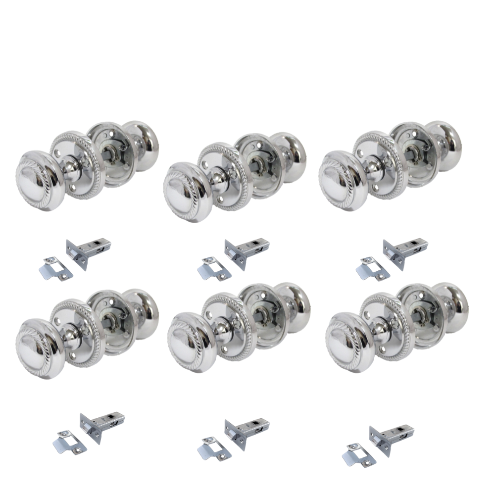 Polished Chrome Georgian Round Door Knobs with Tubular Latch – 6 Pairs