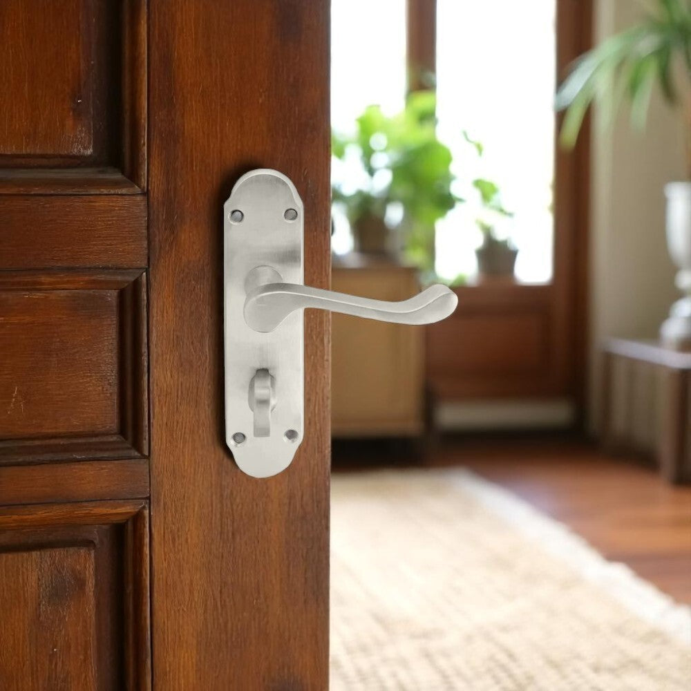 Satin Nickel Bathroom Door Handle – Epsom Style Victorian Scroll Privacy Lever
