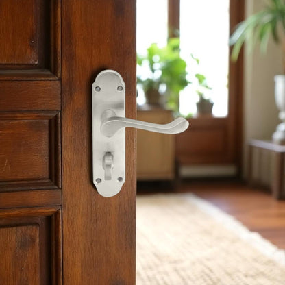 Satin Nickel Bathroom Door Handle – Epsom Style Victorian Scroll Privacy Lever