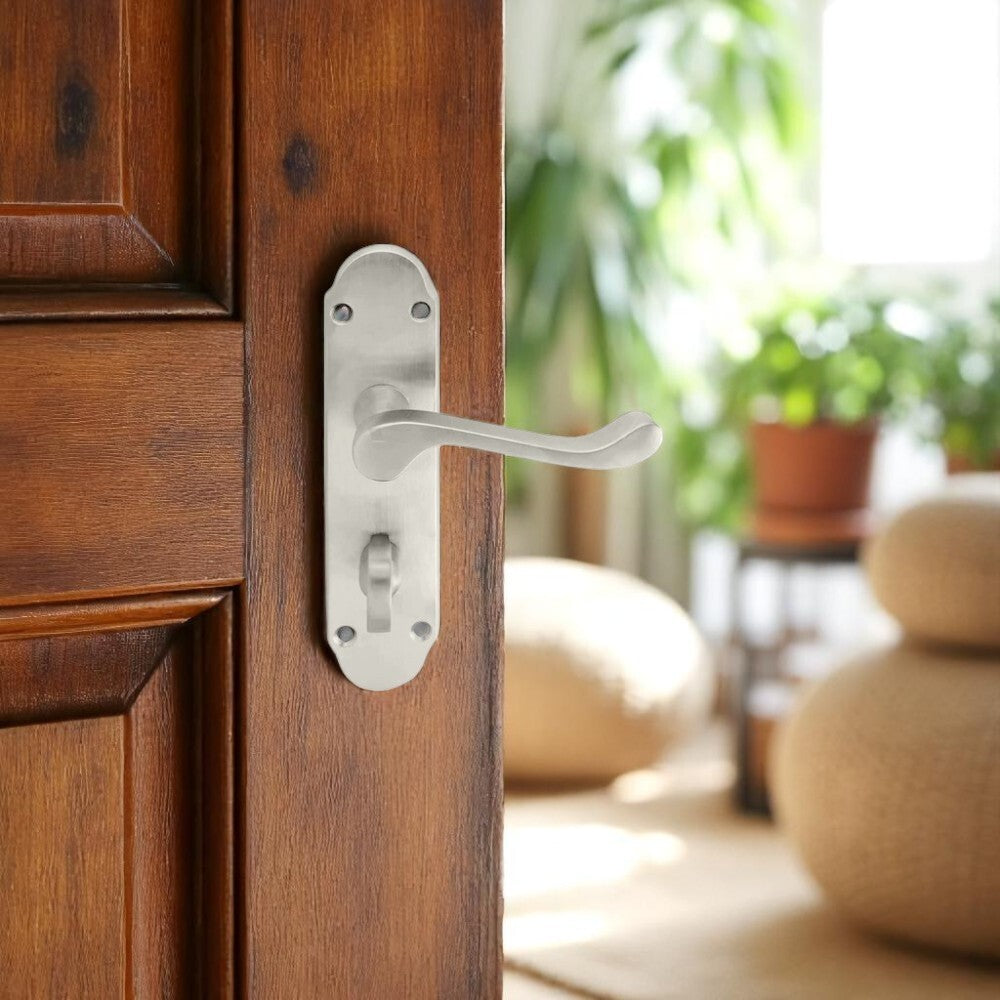 Satin Nickel Bathroom Door Handle – Epsom Style Victorian Scroll Privacy Lever