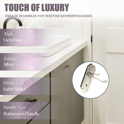 Satin Nickel Bathroom Door Handle – Epsom Style Victorian Scroll Privacy Lever