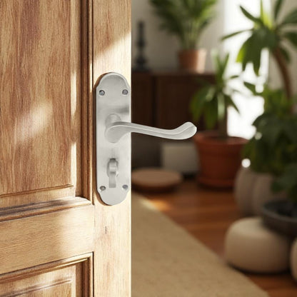 Satin Nickel Bathroom Door Handle – Epsom Style Victorian Scroll Privacy Lever