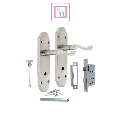 Satin Nickel Bathroom Door Handle – Epsom Style Victorian Scroll Privacy Lever