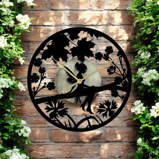 Fairy in Forest Silhouette Wall Clock – Large Metal Decorative Indoor & Outdoor Clock for Garden, Living Room and Patio