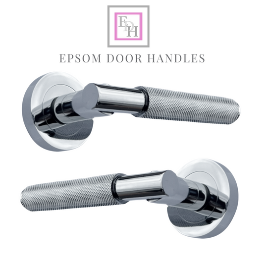 Knurled Turning Door Handles Polished Chrome– Lever on Round Rose Handle Packs
