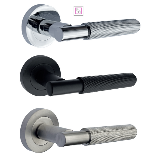 Door Handles Knurled Turning Chrome Black Satin Lever on Round Rose Latch Handle