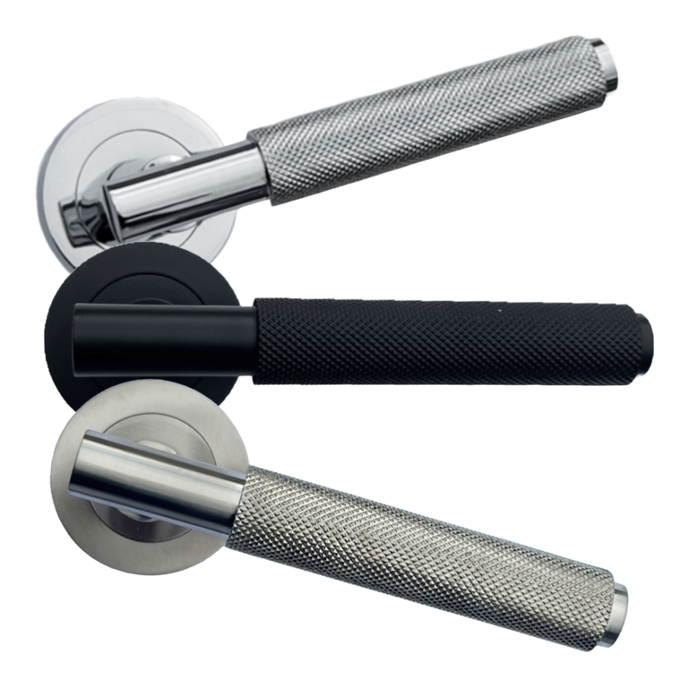 Door Handles Knurled Turning Chrome Black Satin Lever on Round Rose Latch Handle