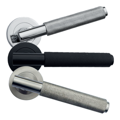 Door Handles Knurled Turning Chrome Black Satin Lever on Round Rose Latch Handle
