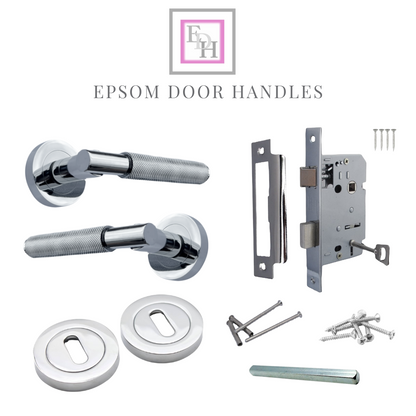 Knurled Turning Door Handles Polished Chrome– Lever on Round Rose Handle Packs
