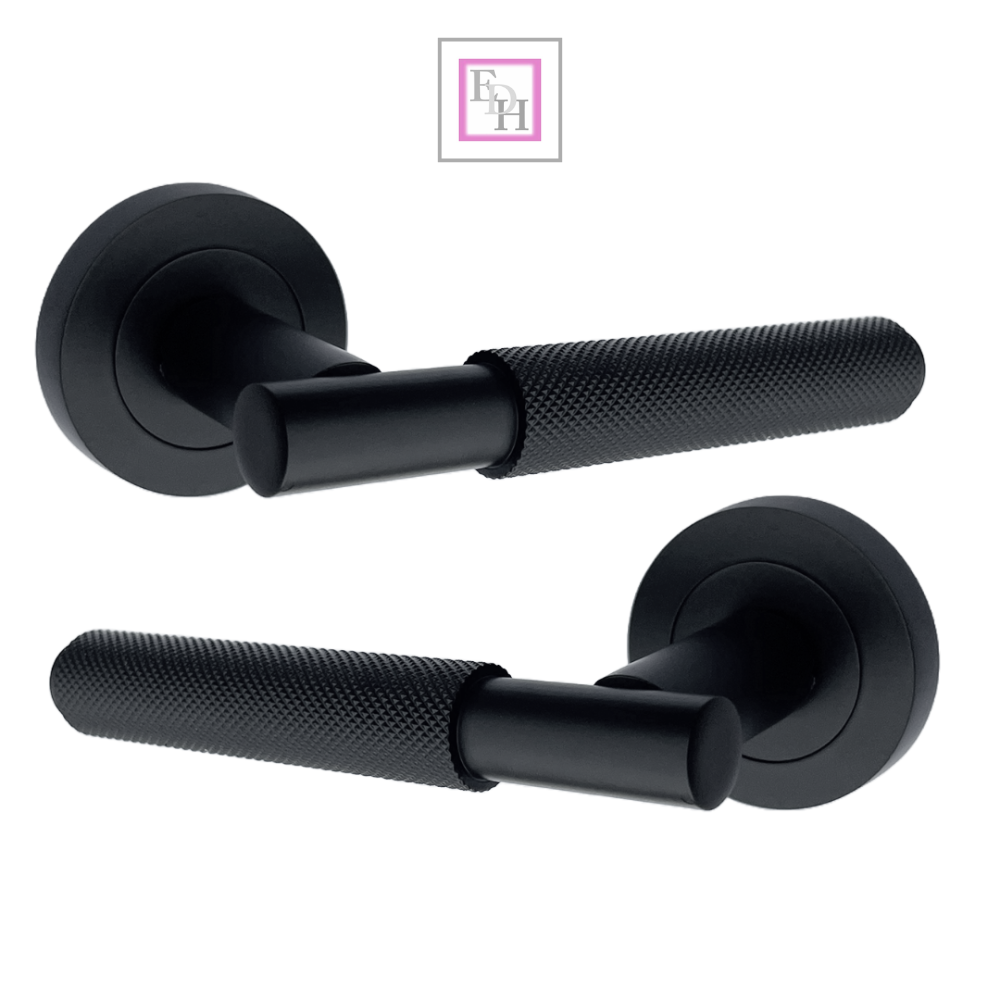 Door Handles Knurled Turning Chrome Black Satin Lever on Round Rose Latch Handle