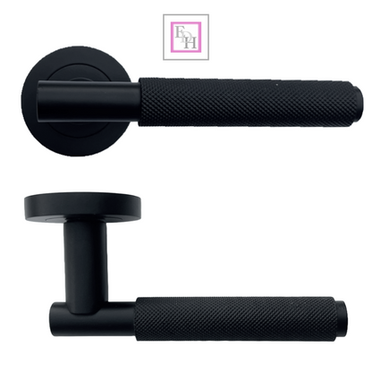 Door Handles Knurled Turning Chrome Black Satin Lever on Round Rose Latch Handle