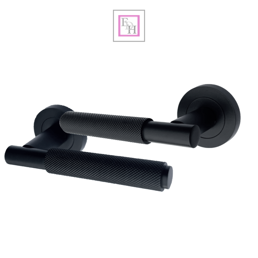 Door Handles Knurled Turning Chrome Black Satin Lever on Round Rose Latch Handle