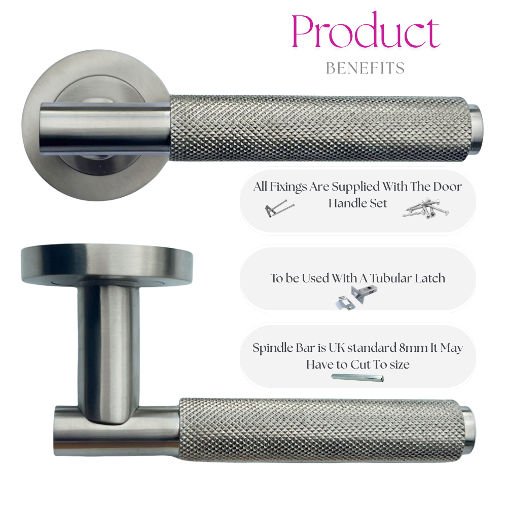 Door Handles Knurled Turning Chrome Black Satin Lever on Round Rose Latch Handle