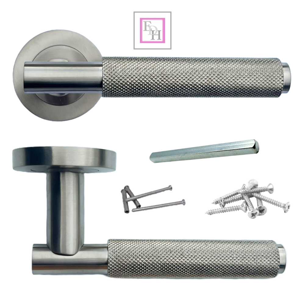 Door Handles Knurled Turning Chrome Black Satin Lever on Round Rose Latch Handle