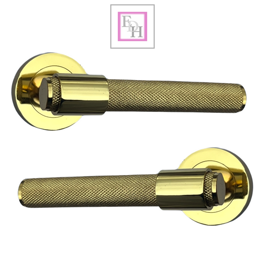 Knurled Door Handles Brass Polished Loop & Neck Lever on Round Rose Latch Handle