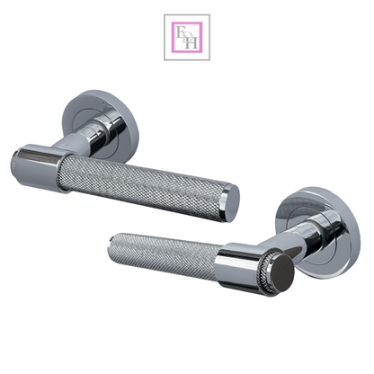 Knurled Door Handles Chrome Polished Loop & Neck Lever on Round Rose Latch