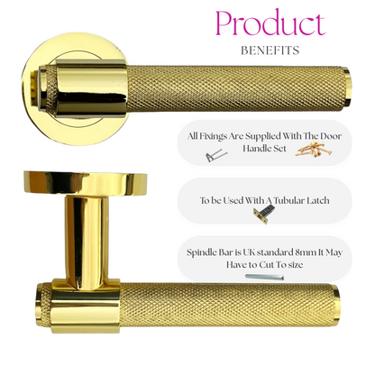 Knurled Door Handles Brass Polished Loop & Neck Lever on Round Rose Latch Handle
