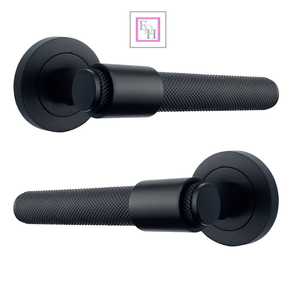 Knurled Door Handles Matt Black Loop & Neck Lever on Round Rose Latch