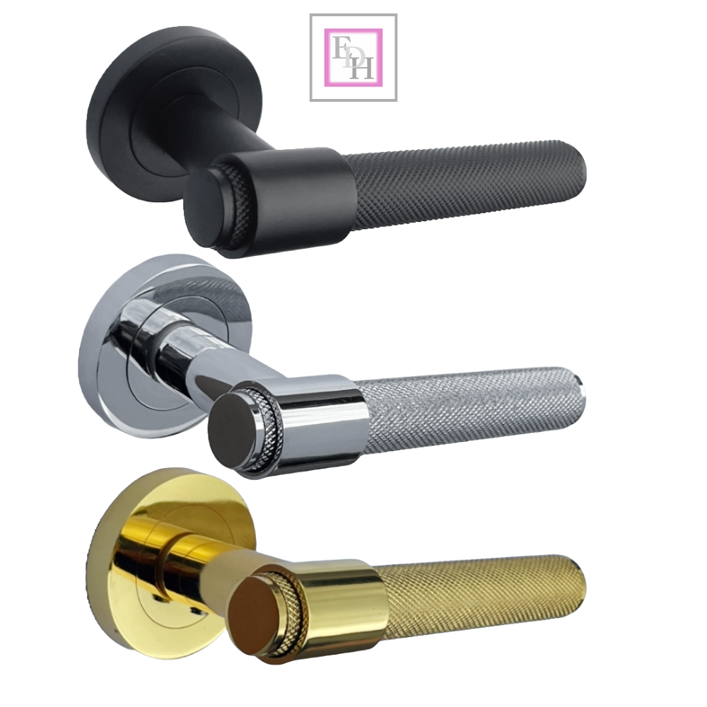 Knurled Door Handles Chrome, Black, Brass – Loop & Neck Lever on Rose Latch