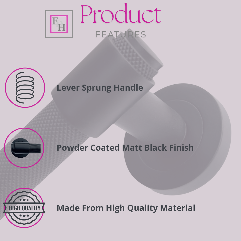 Knurled Door Handles Matt Black Loop & Neck Lever on Round Rose Latch