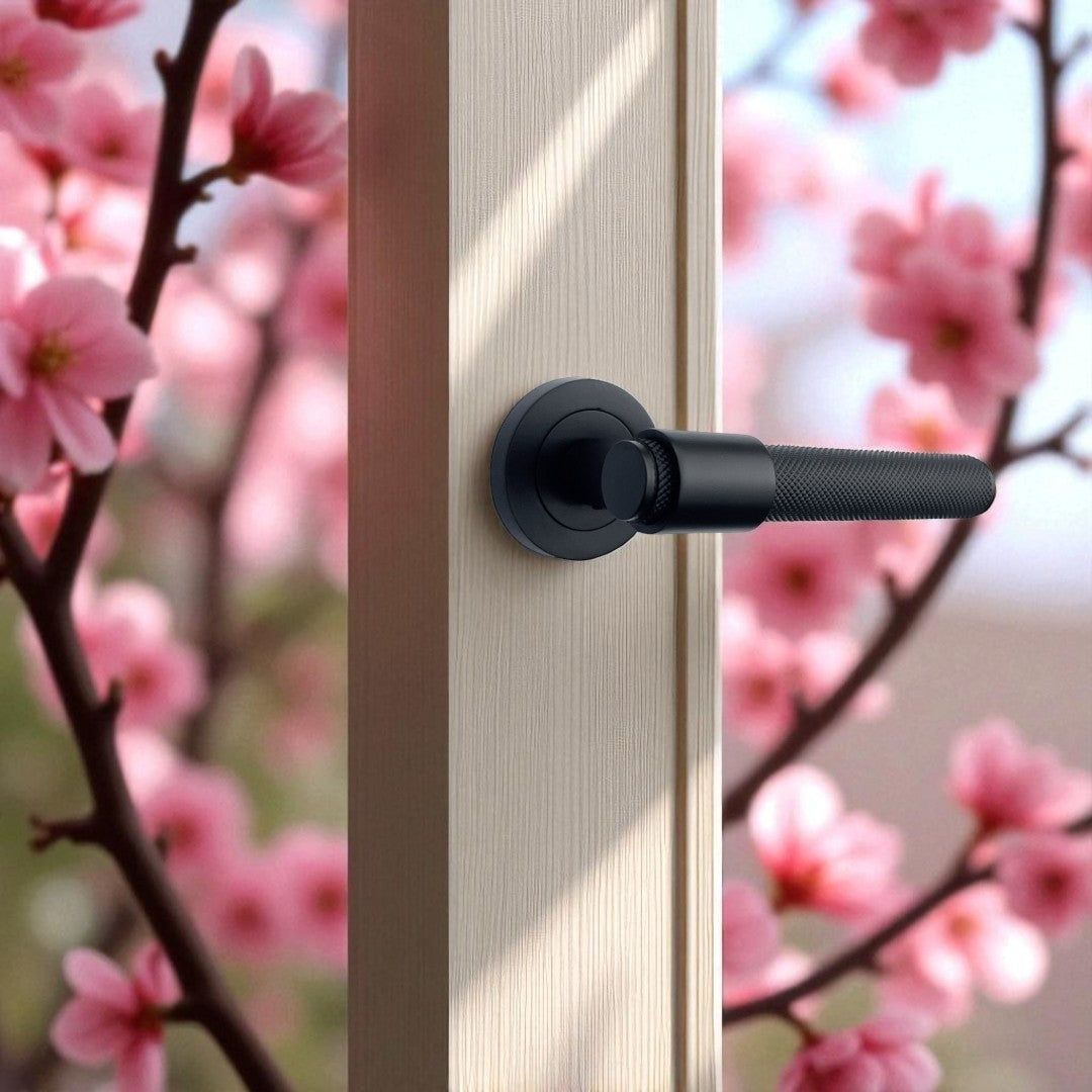 Knurled Door Handles Matt Black Loop & Neck Lever on Round Rose Latch