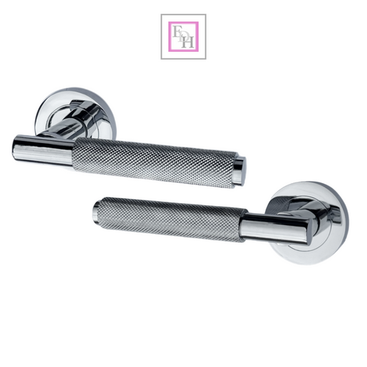 Knurled Turning Door Handles Polished Chrome– Lever on Round Rose Latch Handle