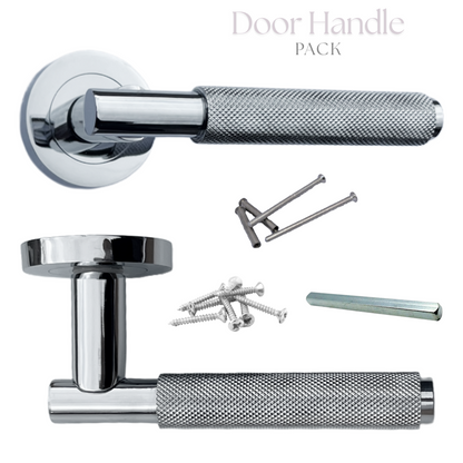 Knurled Turning Door Handles Polished Chrome– Lever on Round Rose Latch Handle