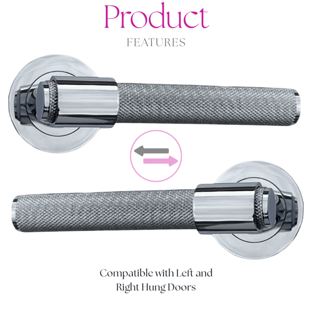 Knurled Door Handles Chrome, Black, Brass – Loop & Neck Lever on Rose Latch
