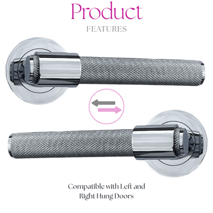 Knurled Door Handles Chrome, Black, Brass – Loop & Neck Lever on Rose Latch