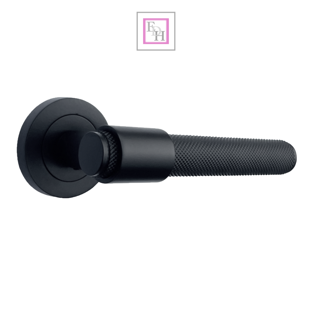 Knurled Door Handles Matt Black Loop & Neck Lever on Round Rose Latch