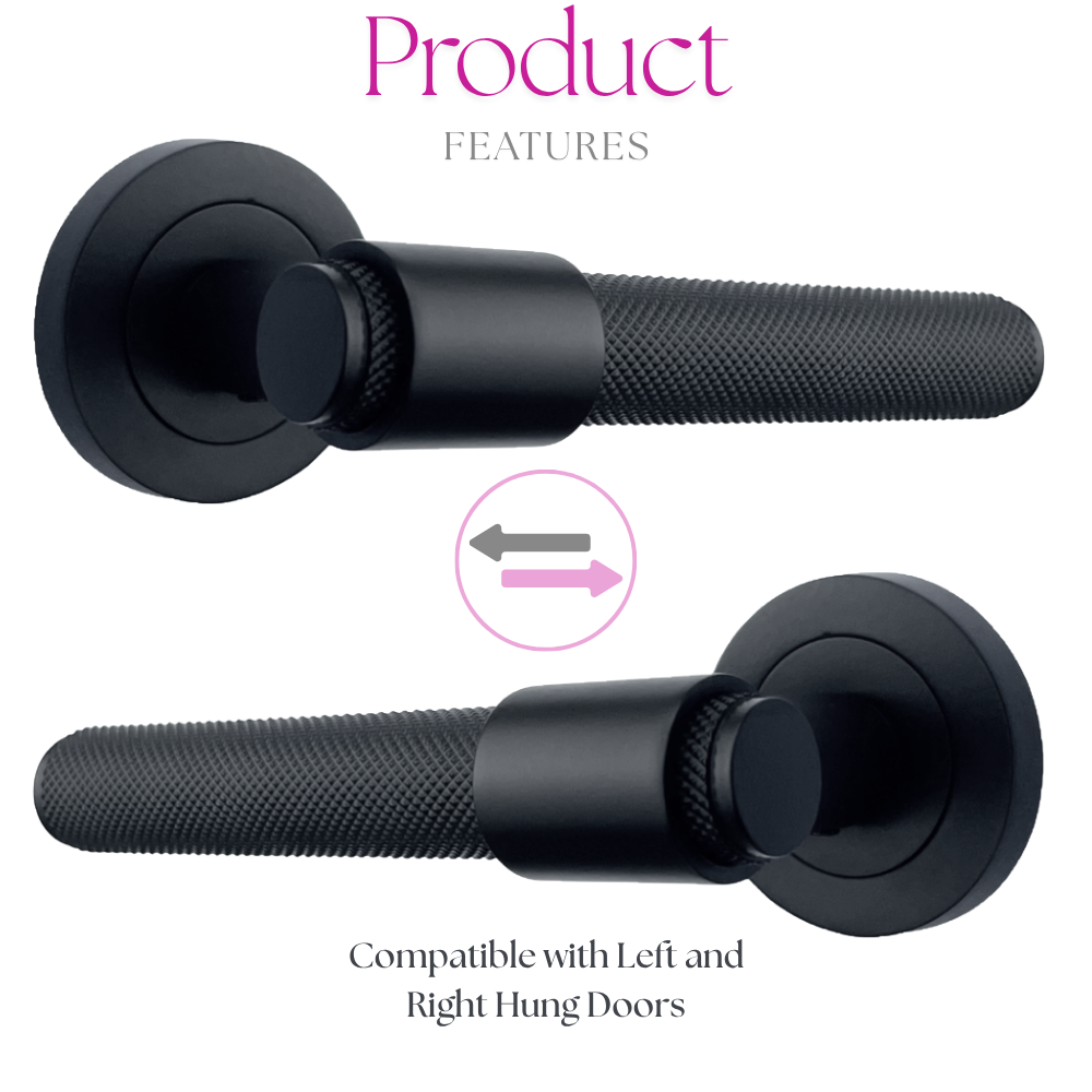 Knurled Door Handles Matt Black Loop & Neck Lever on Round Rose Latch