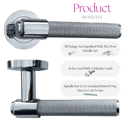 Knurled Door Handles Chrome, Black, Brass – Loop & Neck Lever on Rose Latch