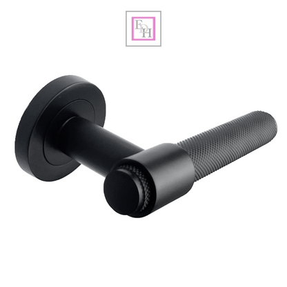 Knurled Door Handles Matt Black Loop & Neck Lever on Round Rose Latch