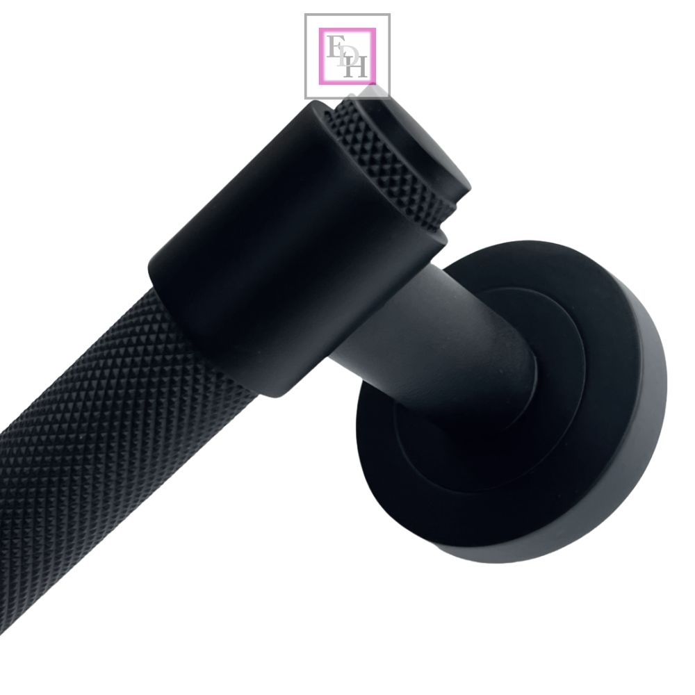 Knurled Door Handles Matt Black Loop & Neck Lever on Round Rose Latch