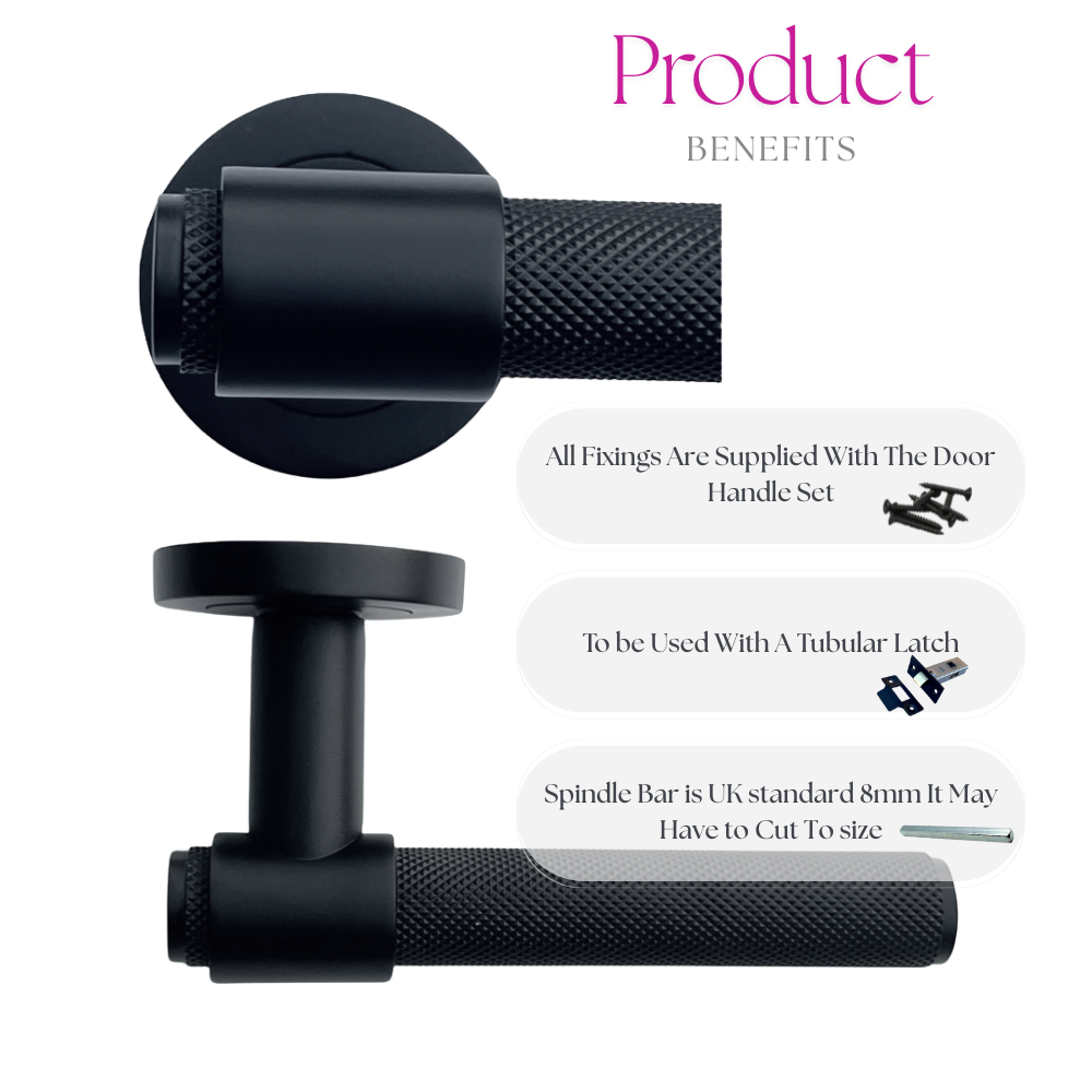 Knurled Door Handles Matt Black Loop & Neck Lever on Round Rose Latch