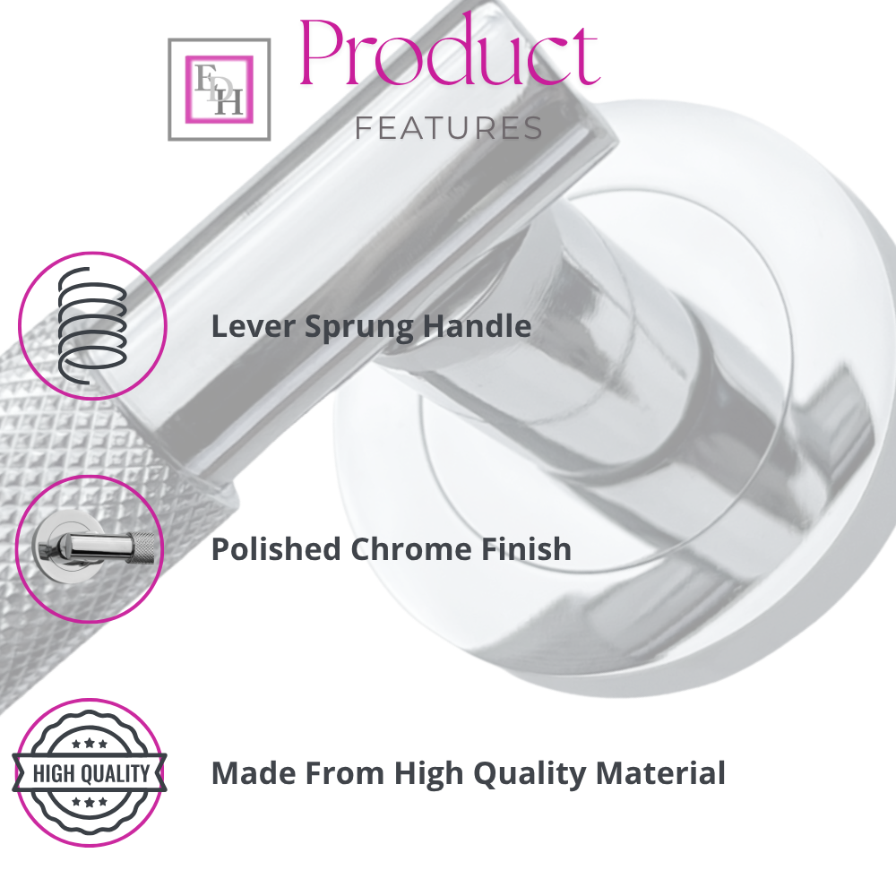 Knurled Turning Door Handles Polished Chrome– Lever on Round Rose Latch Handle