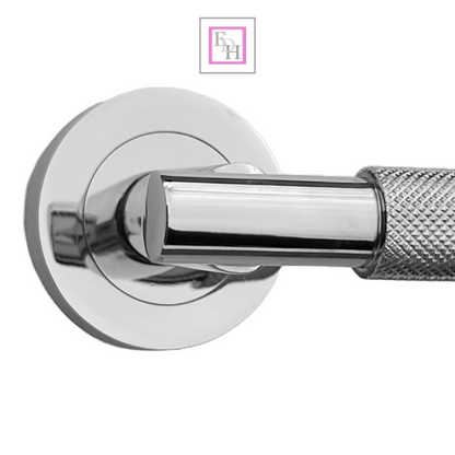 Knurled Turning Door Handles Polished Chrome– Lever on Round Rose Latch Handle