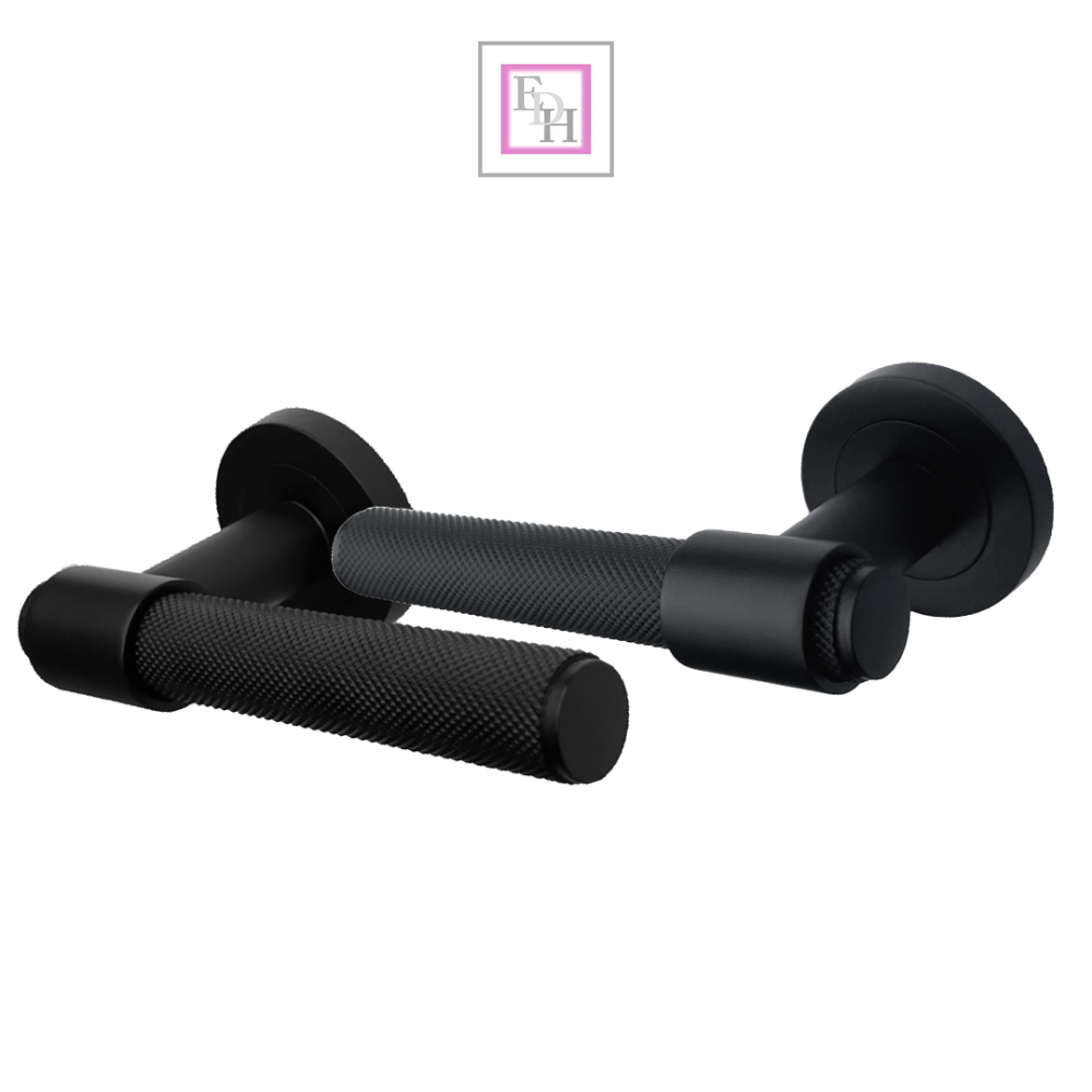 Knurled Door Handles Matt Black Loop & Neck Lever on Round Rose Latch
