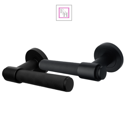 Knurled Door Handles Matt Black Loop & Neck Lever on Round Rose Latch