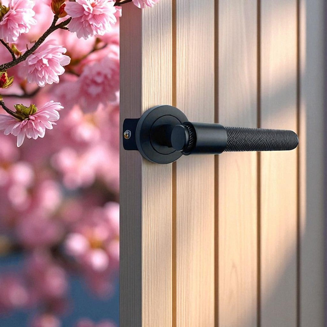 Knurled Door Handles Matt Black Loop & Neck Lever on Round Rose Latch