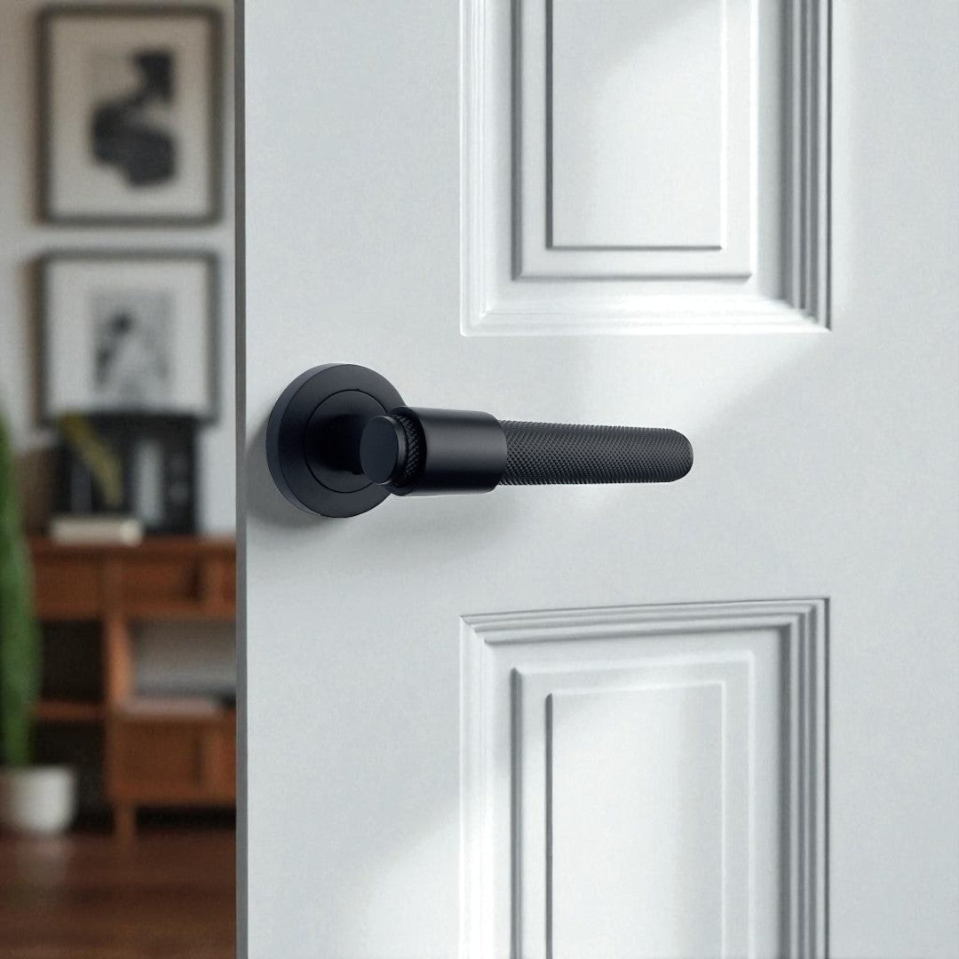 Knurled Door Handles Chrome, Black, Brass – Loop & Neck Lever on Rose Latch