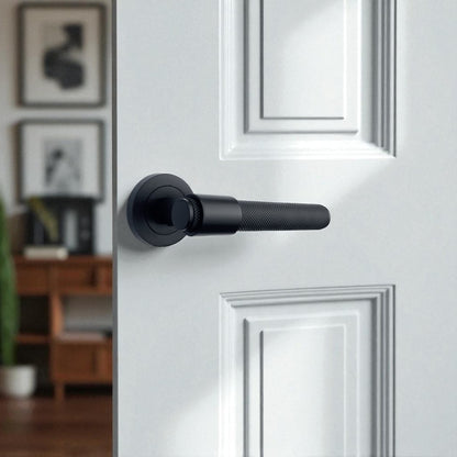 Knurled Door Handles Chrome, Black, Brass – Loop & Neck Lever on Rose Latch