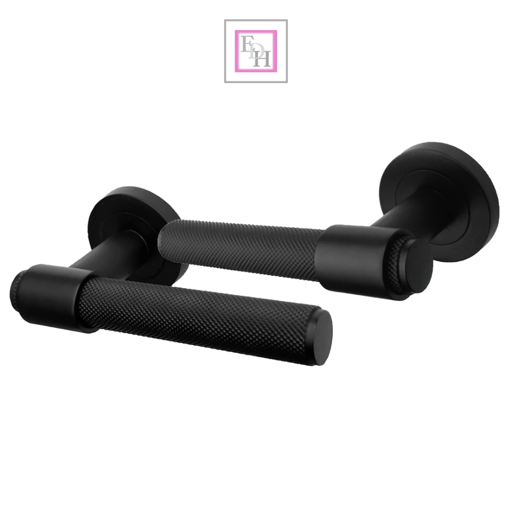 Knurled Door Handles Chrome, Black, Brass – Loop & Neck Lever on Rose Latch