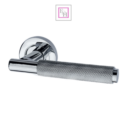 Knurled Turning Door Handles Polished Chrome– Lever on Round Rose Latch Handle